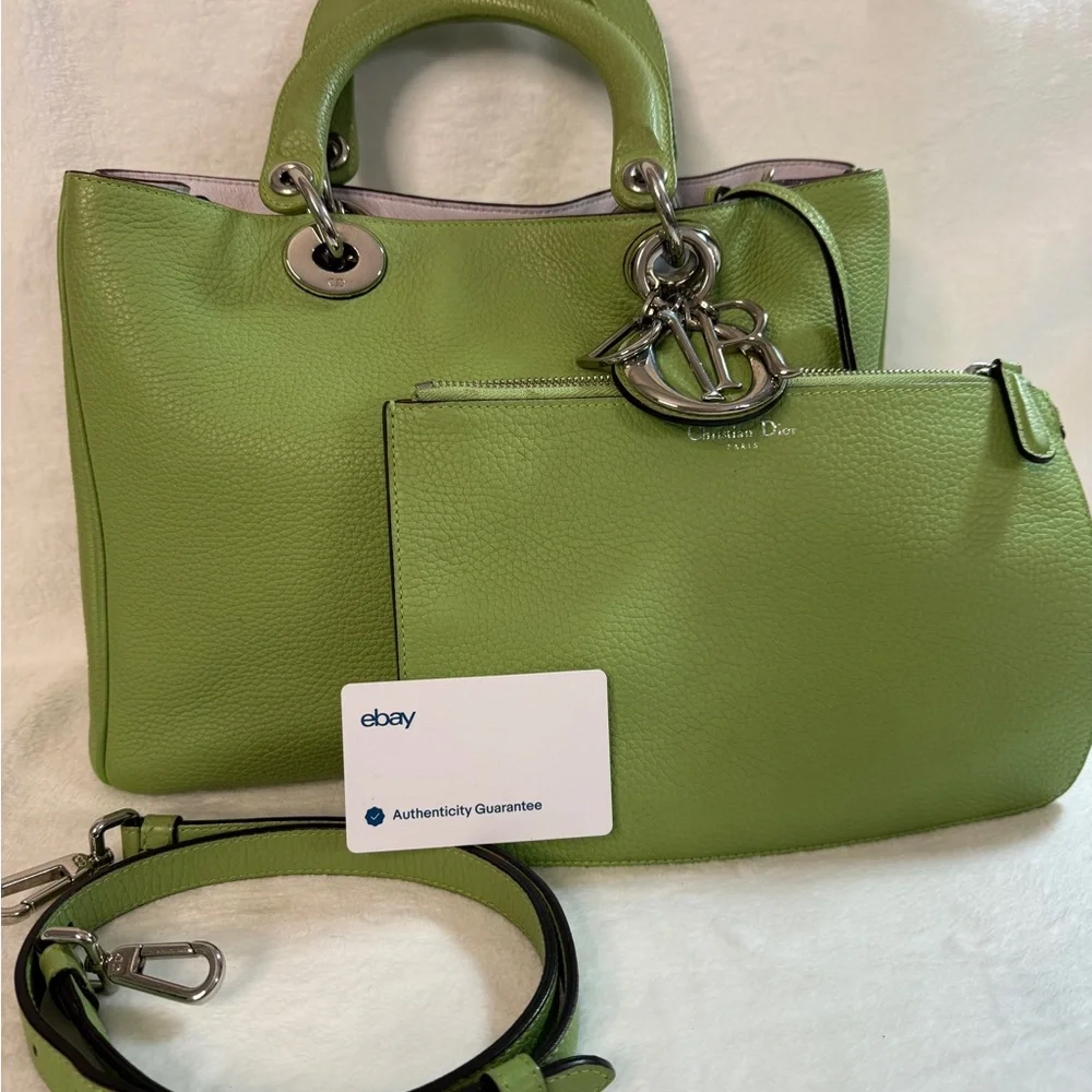 Dior Green Pebbled Leather Medium Issime Shopper Tote with Detachable Pouch - Picture 1 of 10